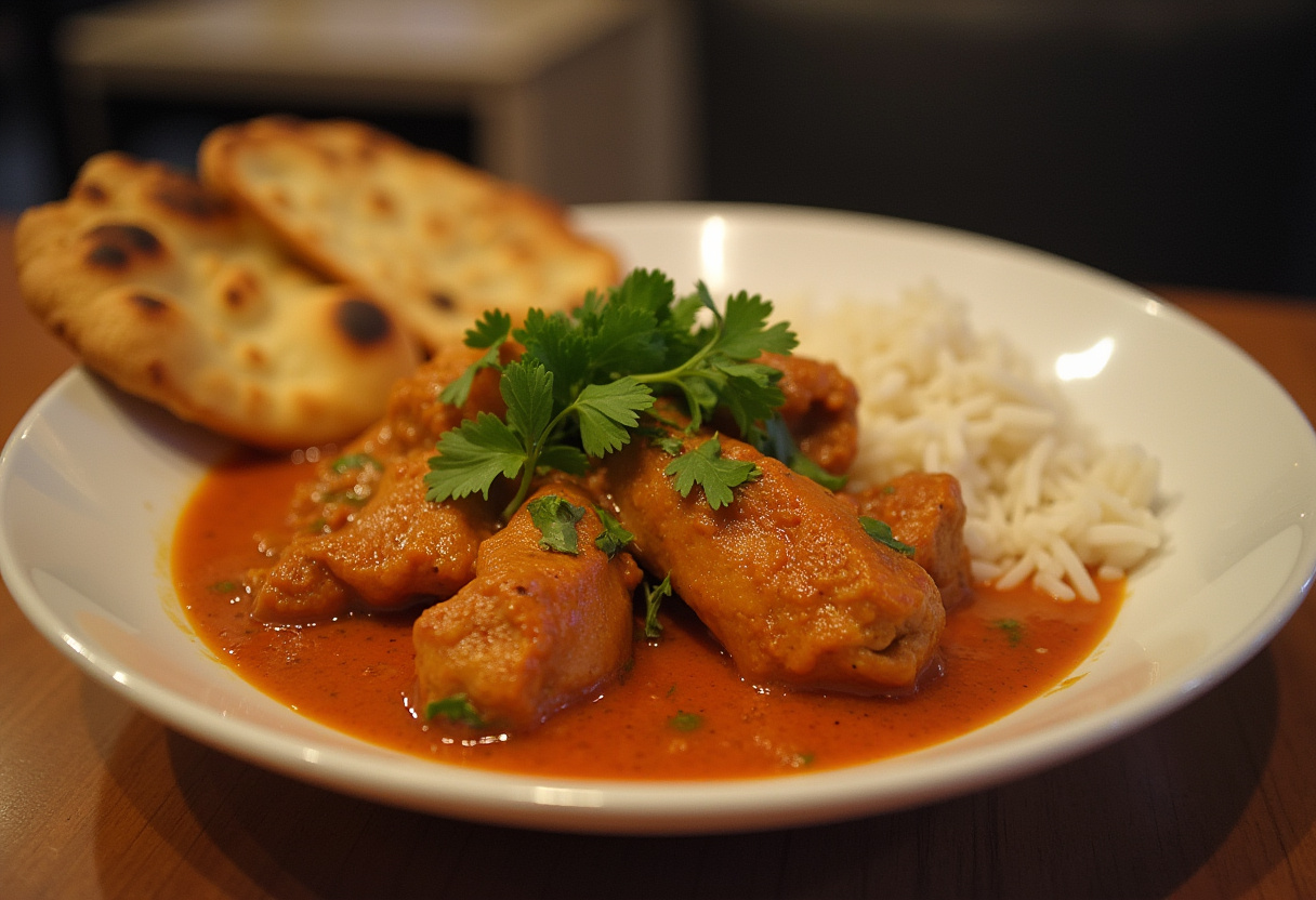 Delicioso Poulet Tikka Masala servido con arroz basmati y naan, decorado con cilantro fresco.