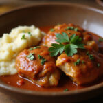 Deliciosos muslos de pollo en salsa receta de la abuela servidos con puré de patatas.