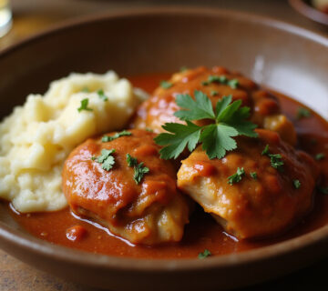 Deliciosos muslos de pollo en salsa receta de la abuela servidos con puré de patatas.