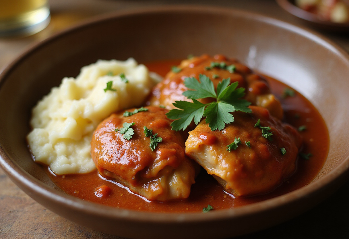 Deliciosos muslos de pollo en salsa receta de la abuela servidos con puré de patatas.