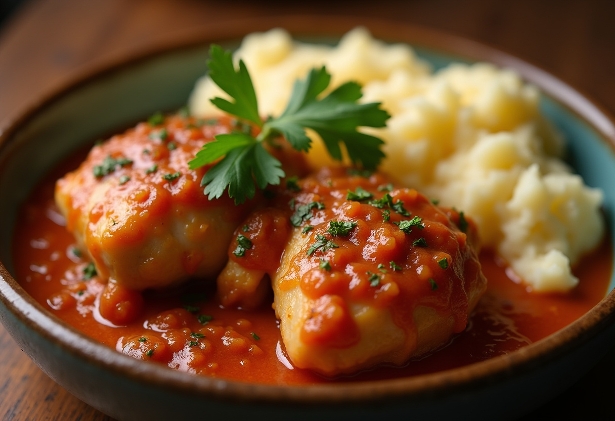 Deliciosos muslos de pollo en salsa receta de la abuela servidos con puré de patatas.