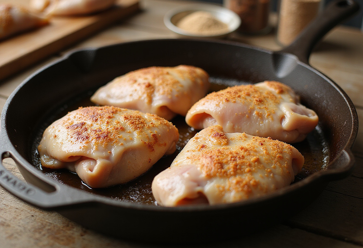 Muslos de pollo crudos listos para cocinar en la receta de la abuela.