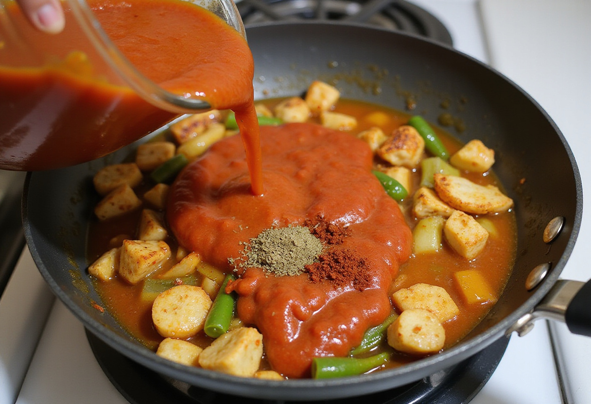 Añadiendo salsa de tomate y especias a la base de la salsa para muslos de pollo.