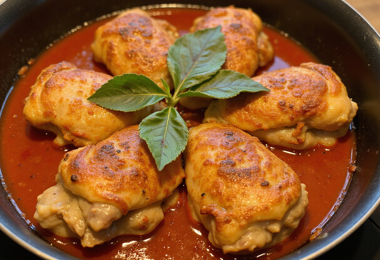 Muslos de pollo en salsa de tomate, listos para ser cocinados a fuego lento.