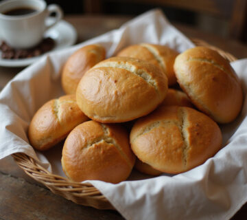 Freshly baked Pan de Bono in a basket with Colombian coffee.