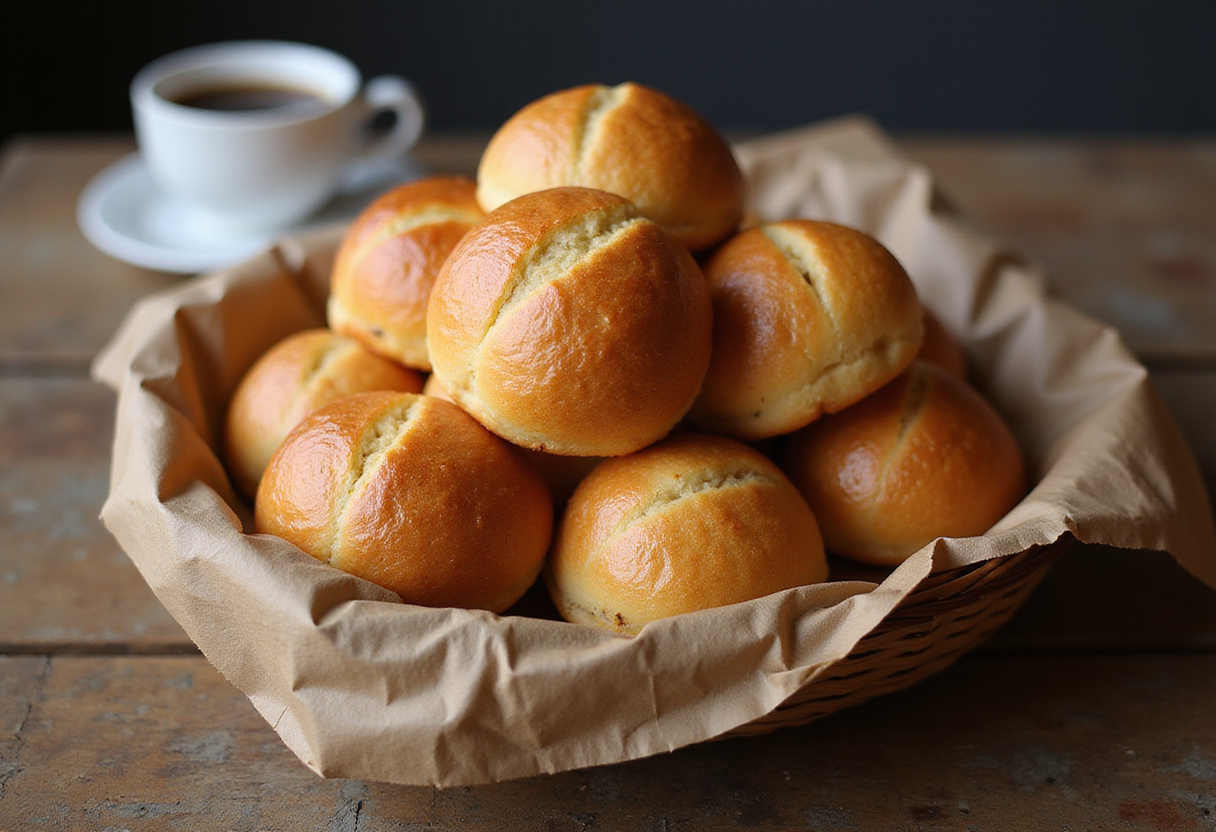 Freshly baked Pan de Bono in a basket with Colombian coffee.