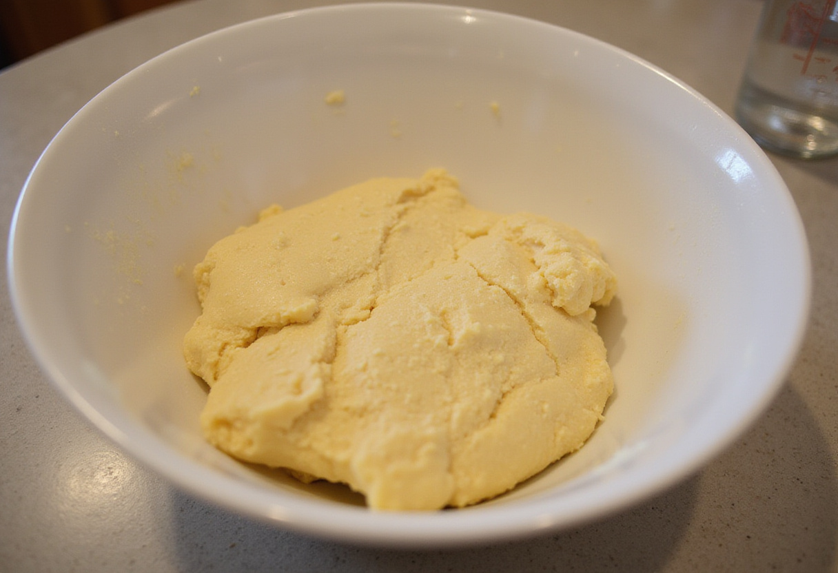 Bowl with mixed Pan de Bono dough on a kitchen counter.