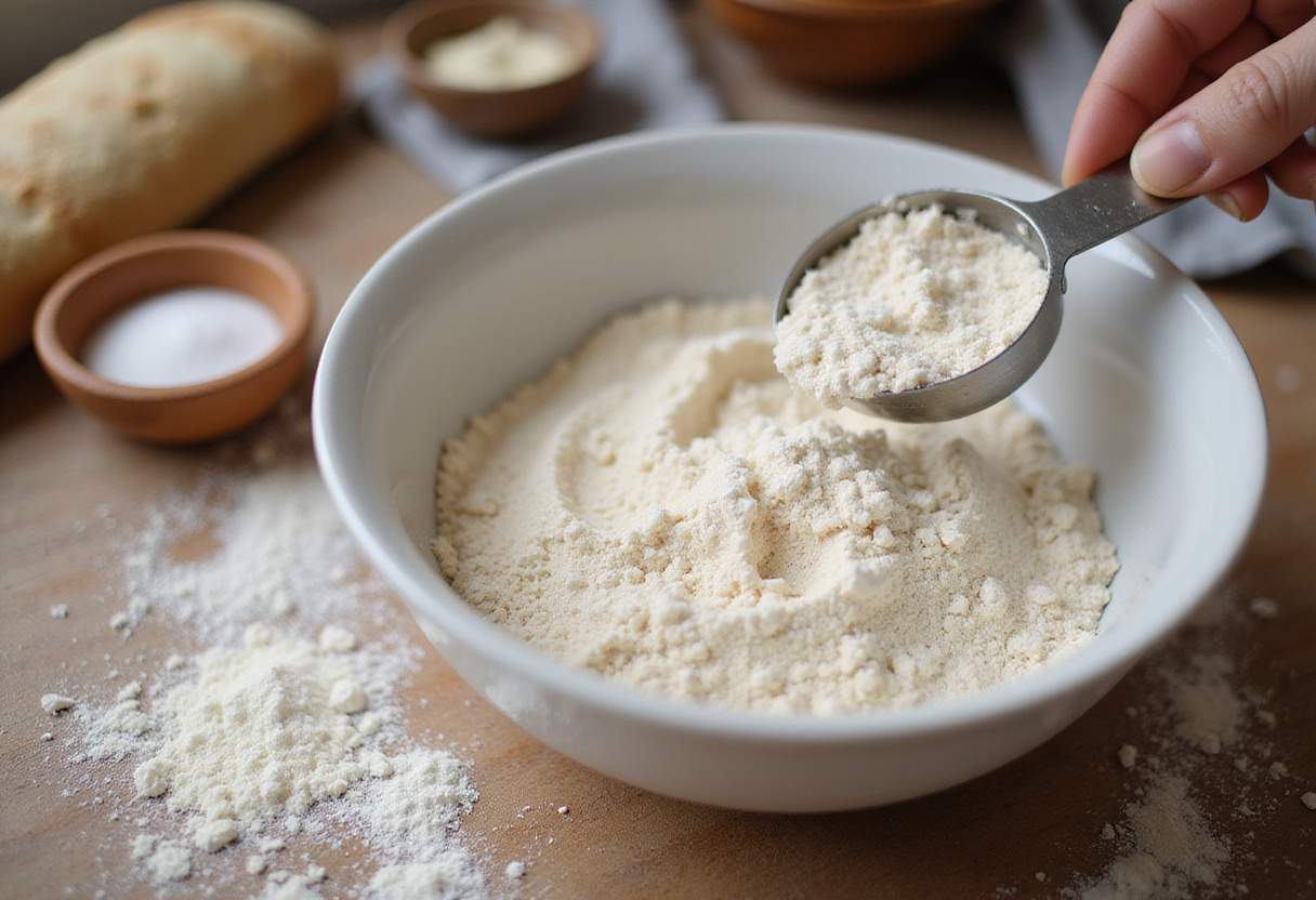 Measuring spelt flour for a healthy Spelt Bread recipe.