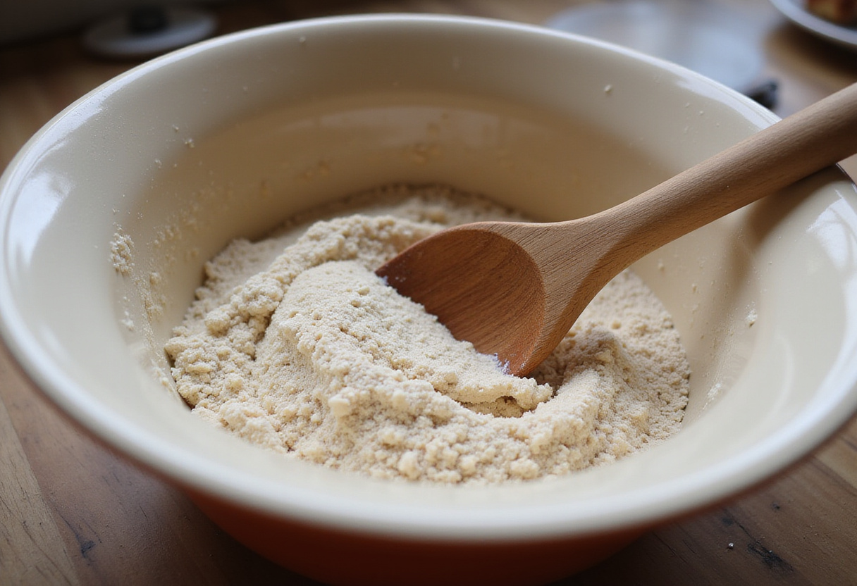 Mixing spelt flour dough for a homemade Spelt Bread.