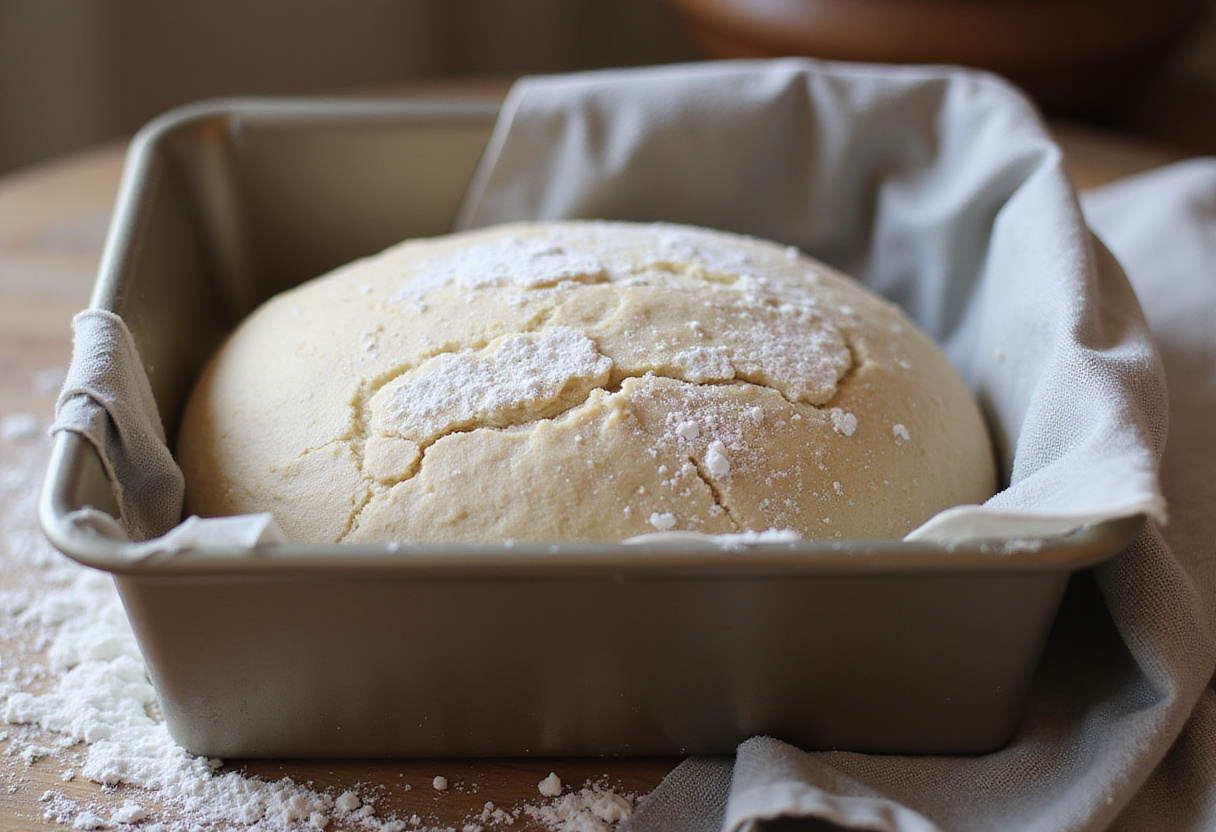 Spelt bread dough proofing in a bread pan before baking.