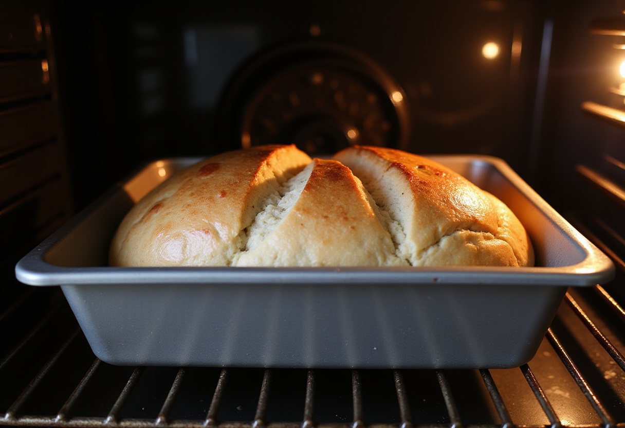 Placing a pan of spelt bread dough into a hot oven for baking.