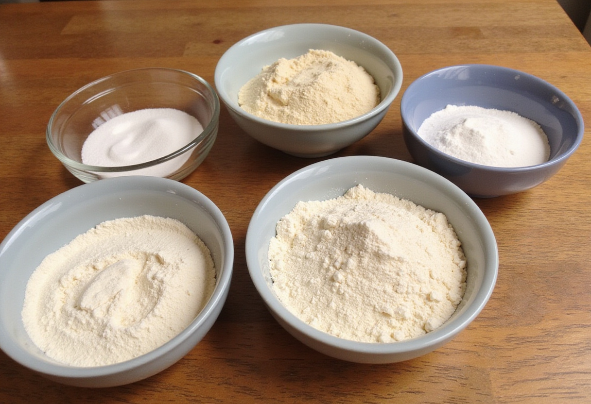 Gluten-free baking ingredients measured in bowls for a Gluten-Free Bread recipe.