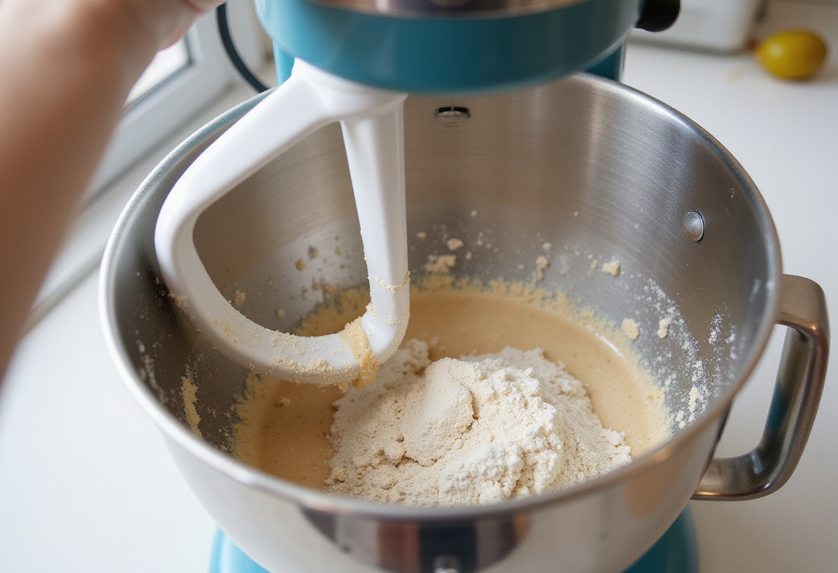 Mixing gluten-free ingredients in a stand mixer for Gluten-Free Bread.