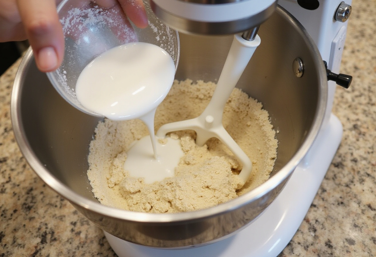 Pouring yeast mixture into gluten-free dry ingredients for Gluten-Free Bread.