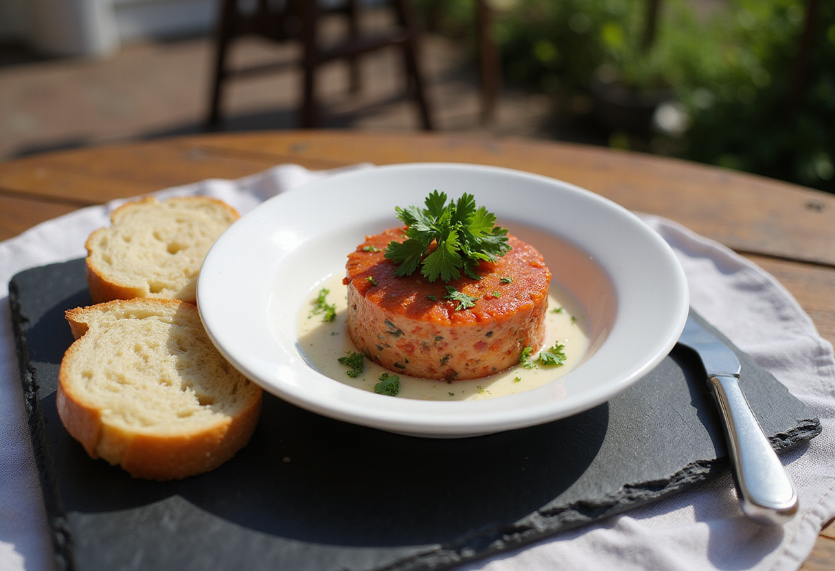 Deliciously plated Tartar de Fuet served with crusty bread.