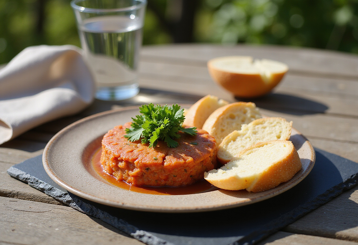 Deliciously plated Tartar de Fuet served with crusty bread.