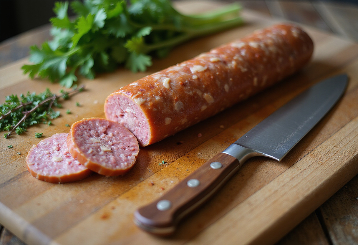 Fuet sausage being prepared on a cutting board for a Fuet Tartar recipe.