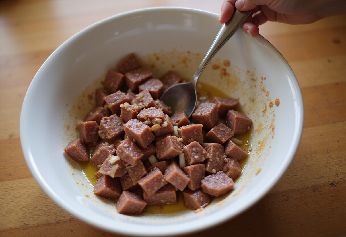 Mixing chopped fuet sausage with red onion and olive oil for Fuet Tartar.