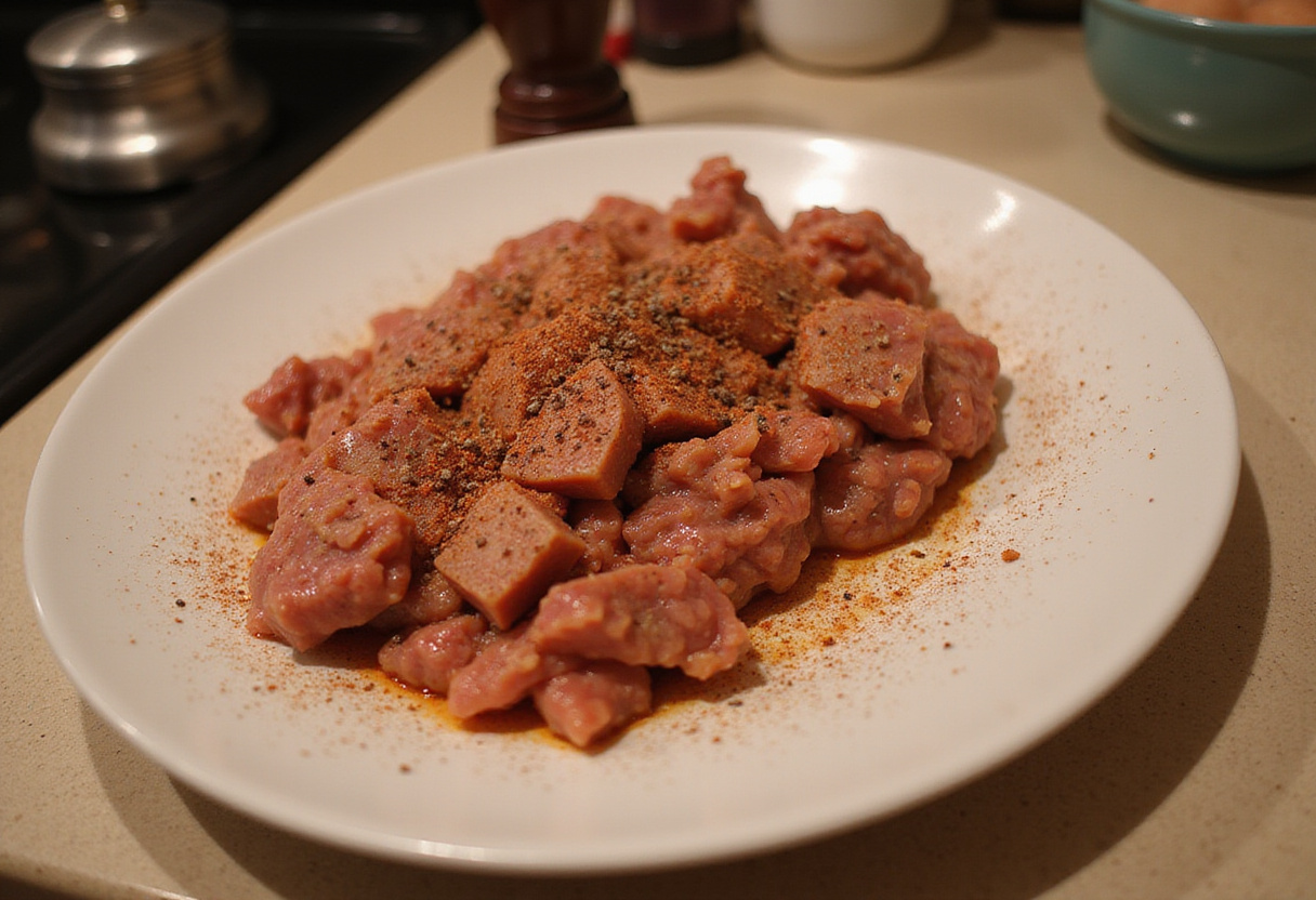 Seasoning fuet mixture with pepper and smoked paprika for Tartar de Fuet.