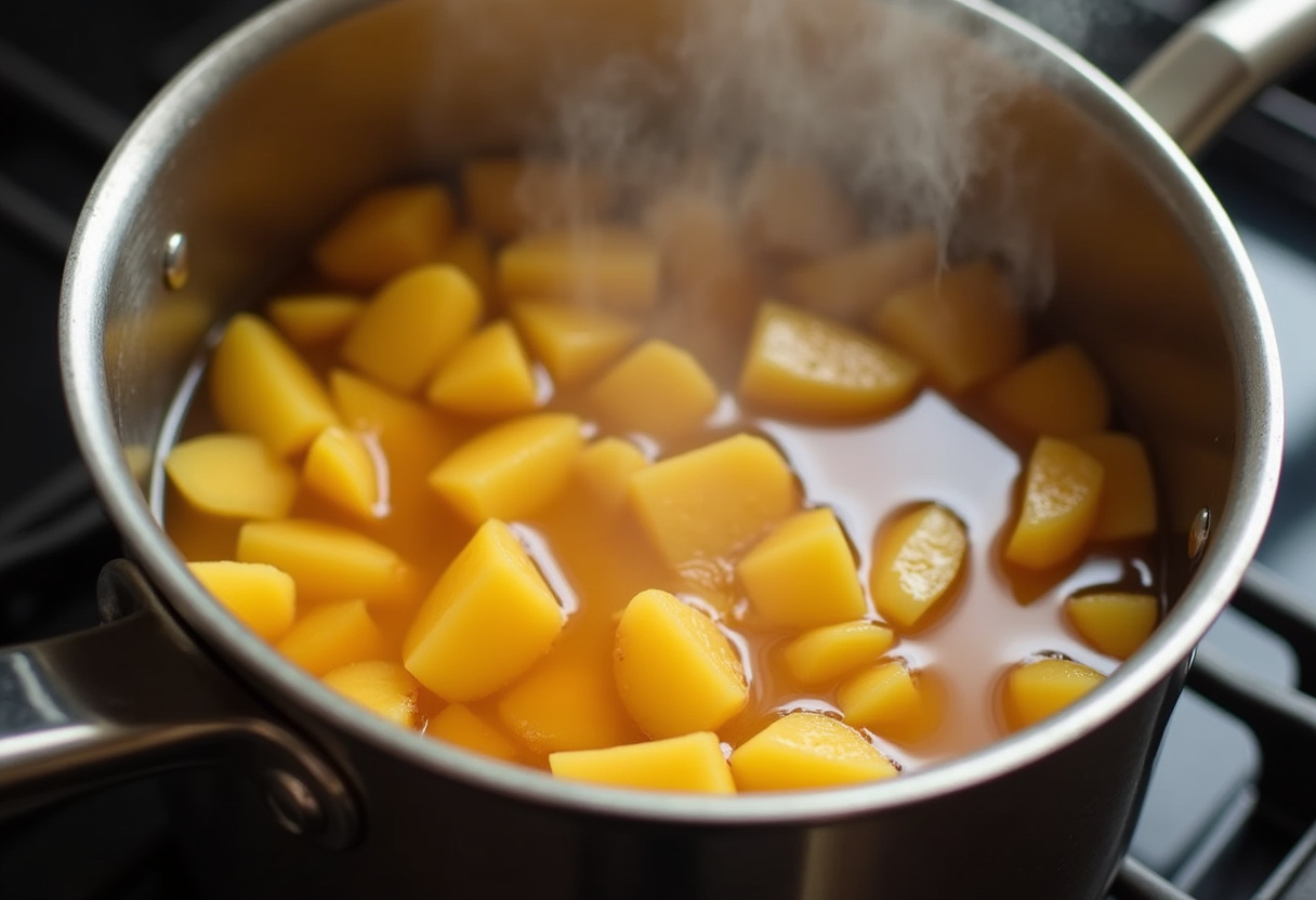 Chopped quince pieces cooking in a pot for Dulce de membrillo.