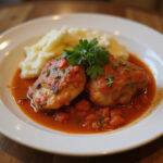 Deliciosos muslos de pollo en salsa receta de la abuela, servidos con puré de papas.