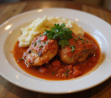 Deliciosos muslos de pollo en salsa receta de la abuela, servidos con puré de papas.