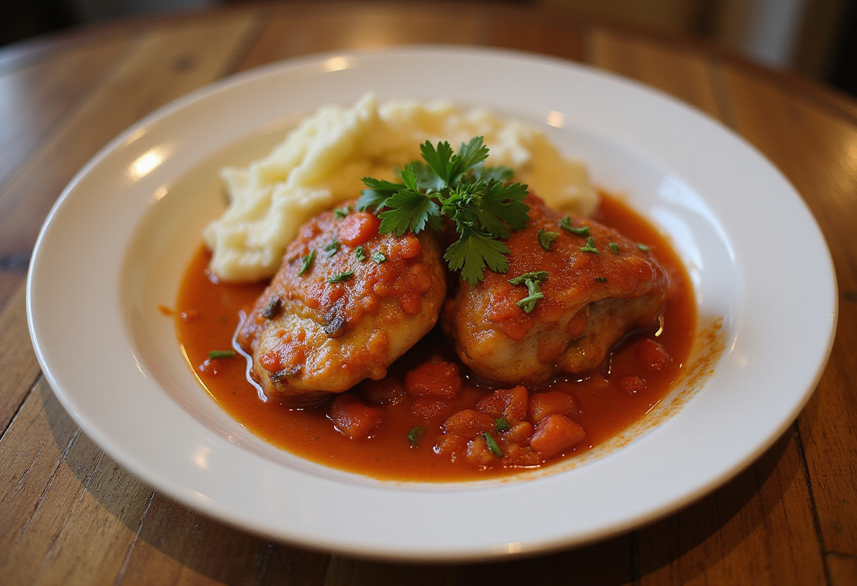 Deliciosos muslos de pollo en salsa receta de la abuela, servidos con puré de papas.