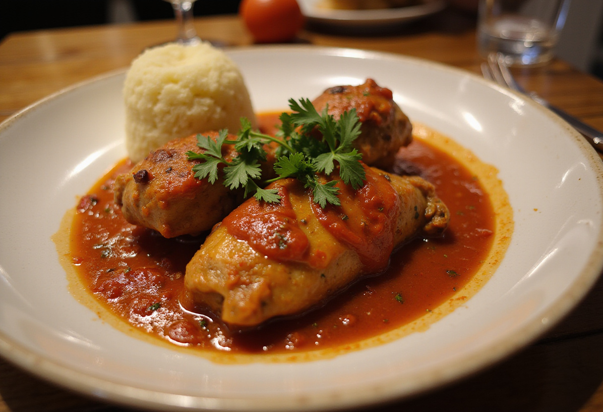 Deliciosos muslos de pollo en salsa receta de la abuela, servidos con puré de papas.