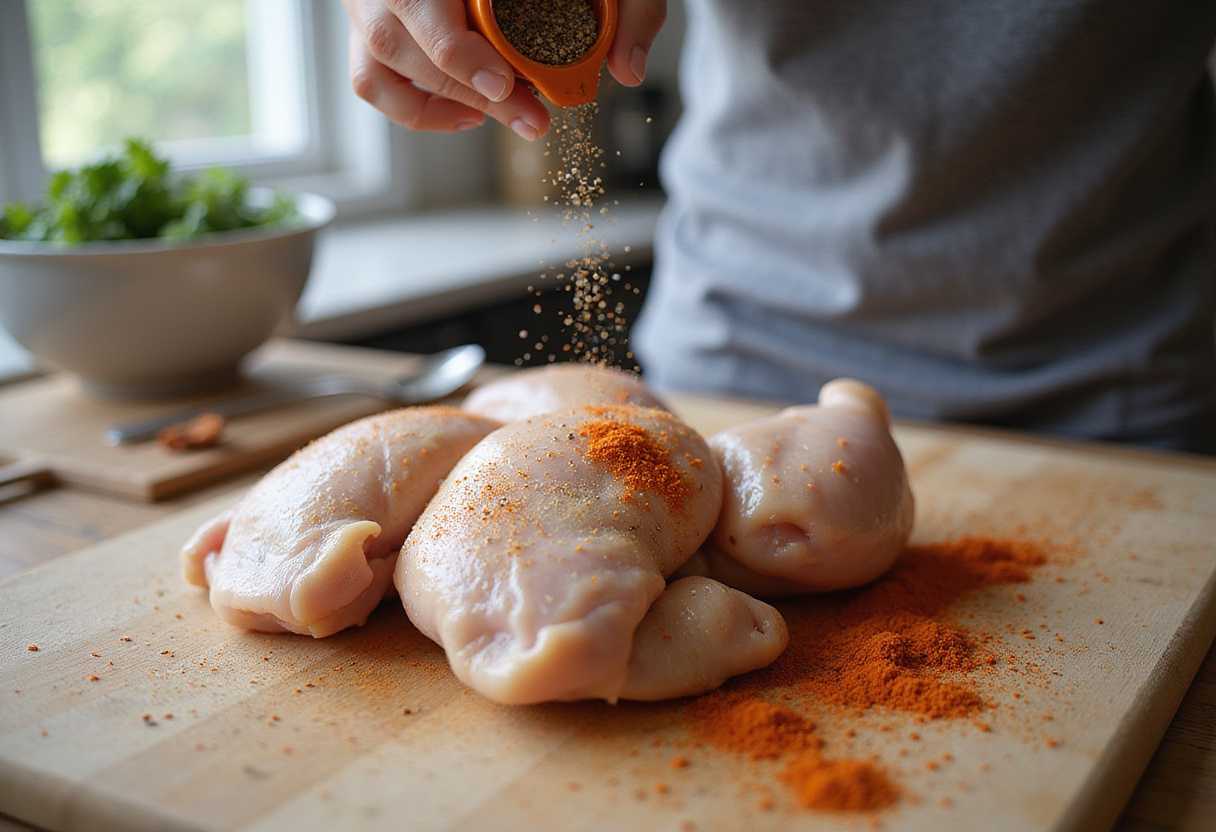 Muslos de pollo crudos sazonados para la receta de la abuela.