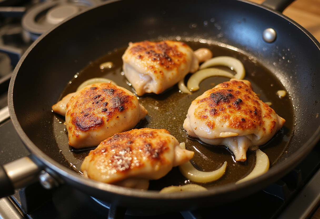Muslos de pollo dorándose en aceite de oliva para la receta secreta de la abuela.
