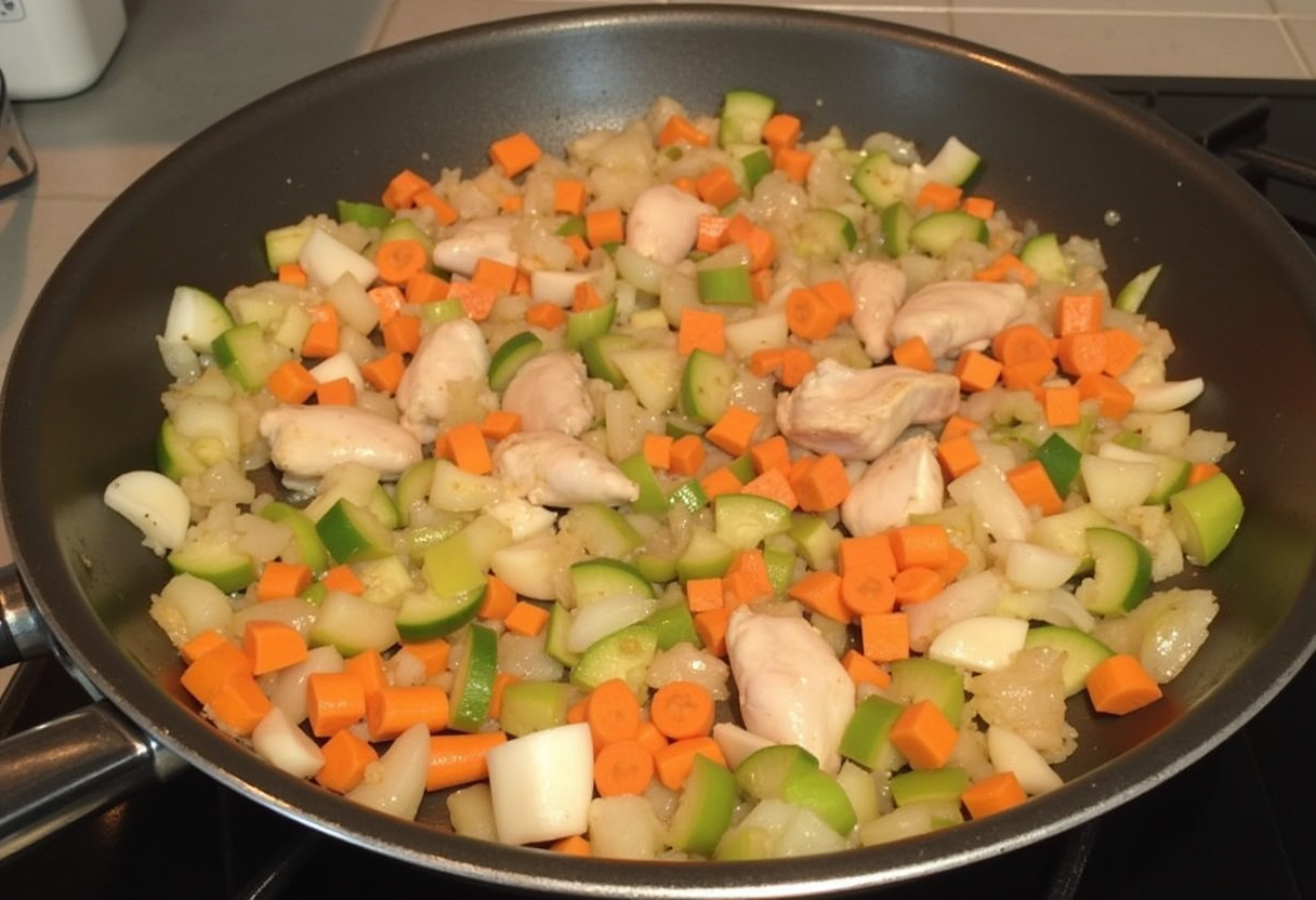 Verduras salteando para la salsa de los muslos de pollo estilo abuela.