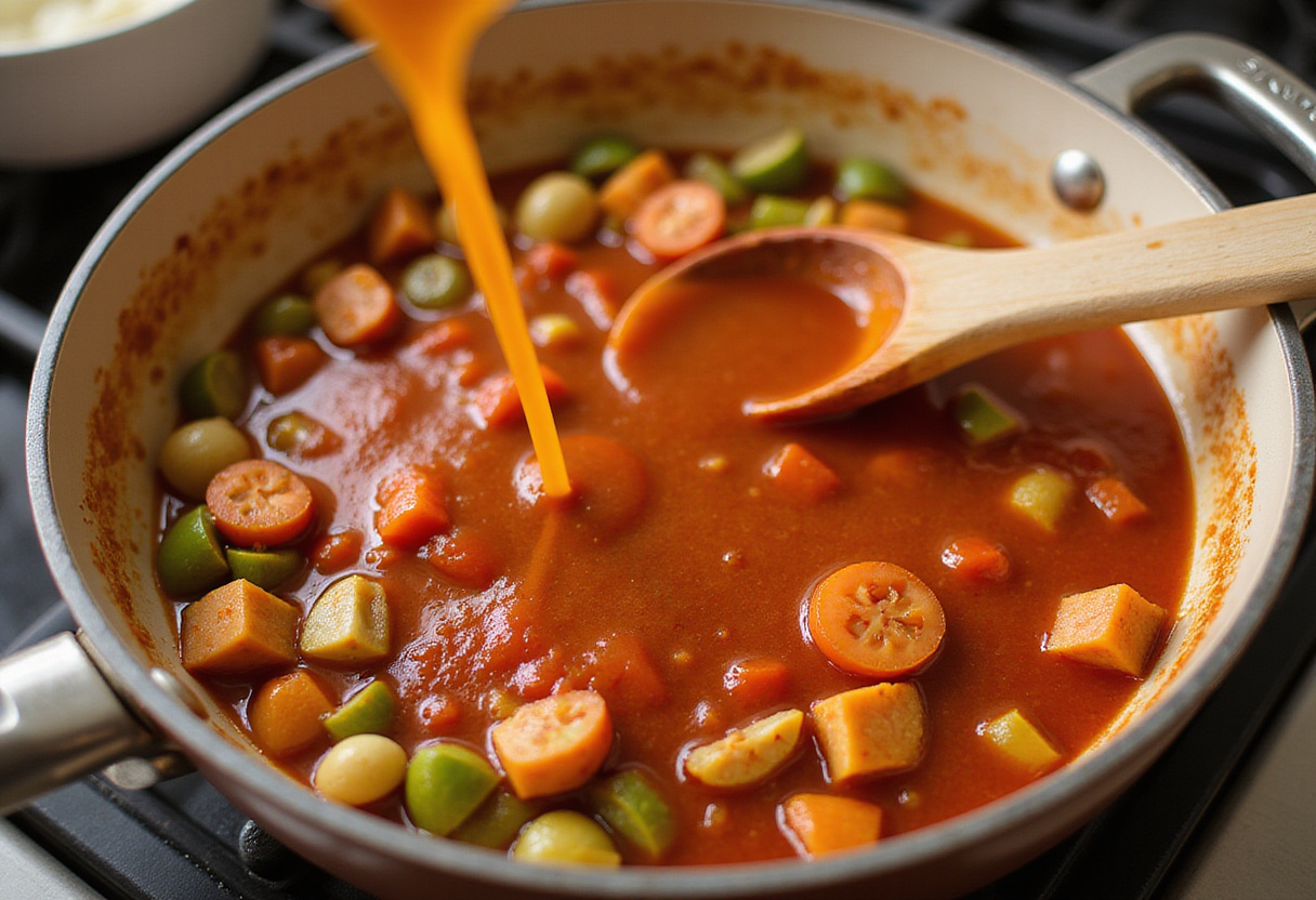 Salsa de tomate y caldo de pollo agregados a las verduras para la receta de muslos de pollo en salsa.