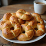 Freshly baked Pan De Bono served on a table with coffee, perfect for enjoying the authentic Colombian flavor.
