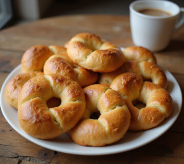 Freshly baked Pan De Bono served on a table with coffee, perfect for enjoying the authentic Colombian flavor.