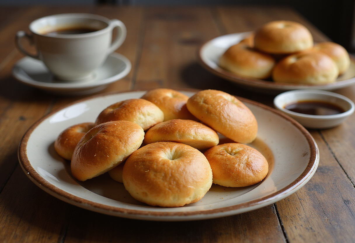 Freshly baked Pan De Bono served on a table with coffee, perfect for enjoying the authentic Colombian flavor.