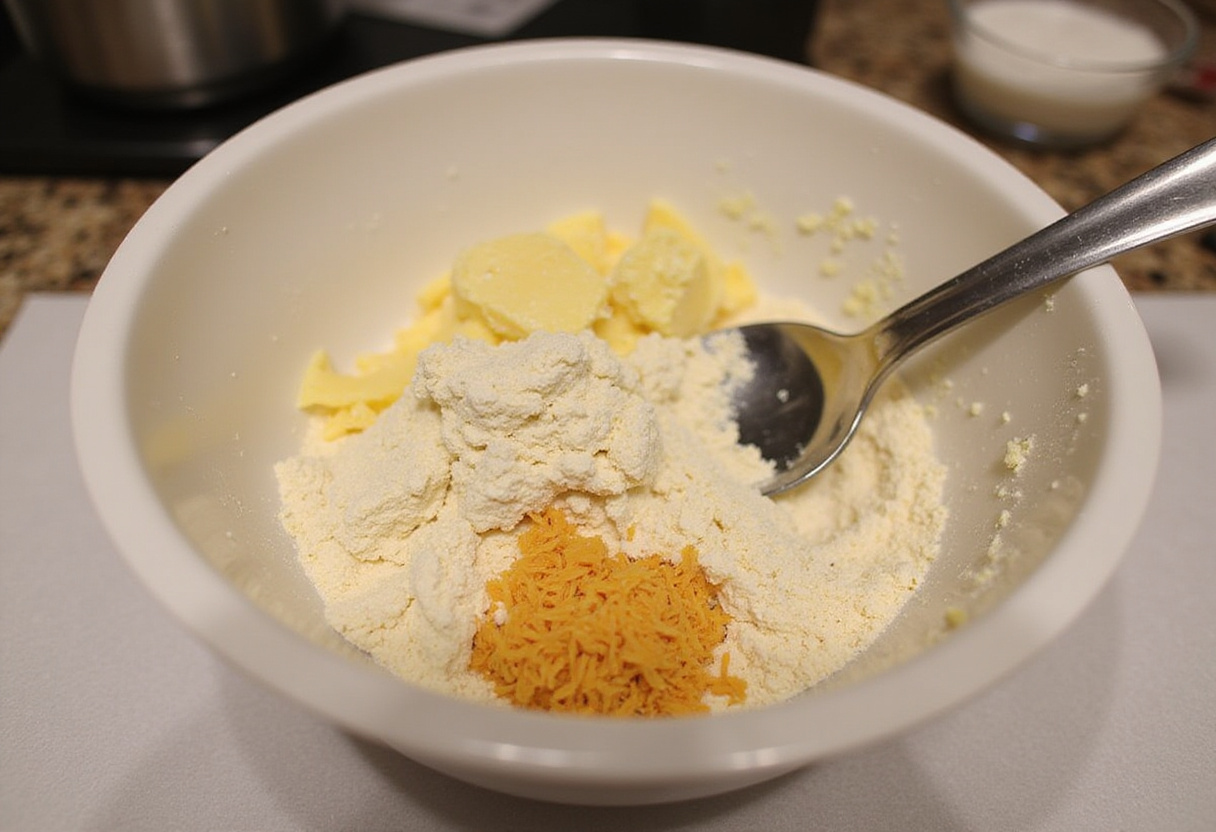 Preparing ingredients for Pan De Bono in a kitchen setting, showcasing yuca flour and cheese.