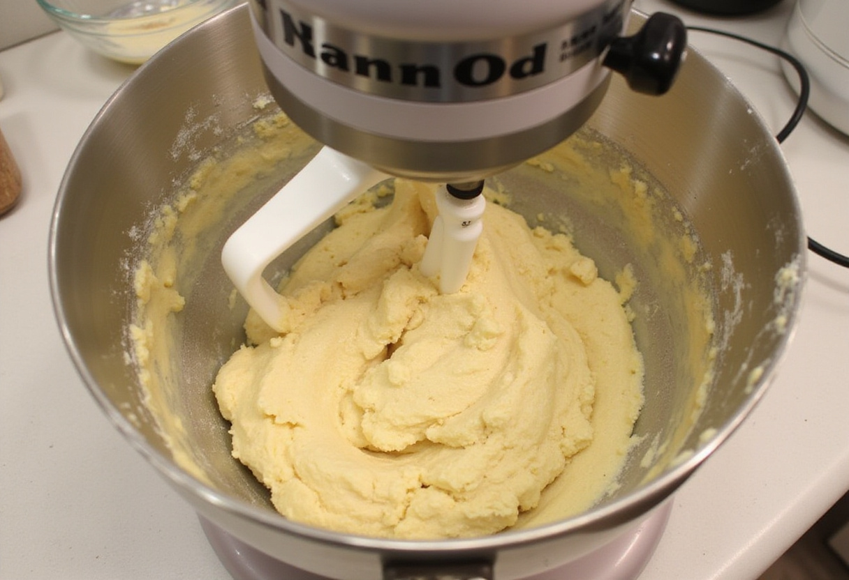Mixing Pan De Bono dough in a stand mixer, highlighting the blending of ingredients.