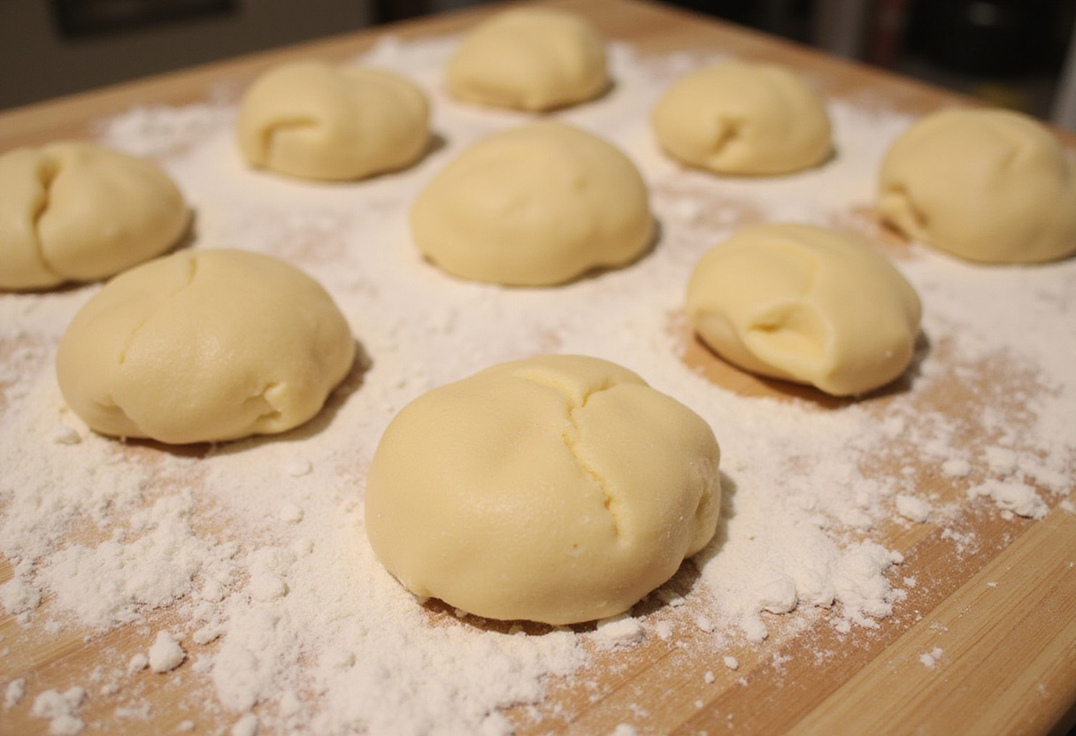 Shaping Pan De Bono dough into balls before baking, showing the texture and preparation.