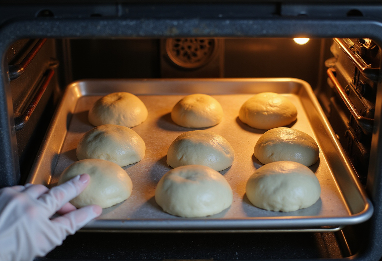 Placing Pan De Bono dough balls into the oven for baking, ready to achieve a golden crust.