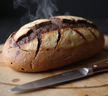 Pan de Centeno recién horneado con corteza crujiente y aroma delicioso.