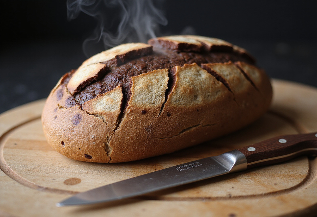Pan de Centeno recién horneado con corteza crujiente y aroma delicioso.
