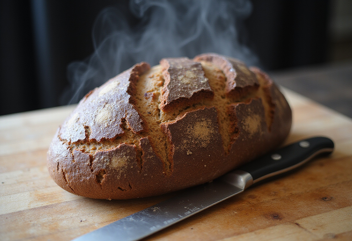 Pan de Centeno recién horneado con corteza crujiente y aroma delicioso.