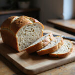 Perfectly baked Spelt Bread loaf, sliced to show texture, El Secreto de un Pan De Espelta, rustic kitchen setting.
