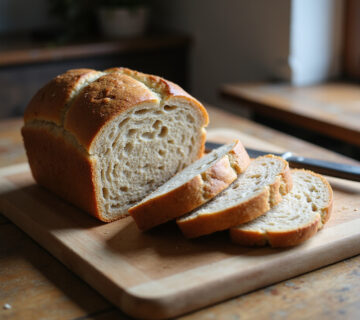 Perfectly baked Spelt Bread loaf, sliced to show texture, El Secreto de un Pan De Espelta, rustic kitchen setting.