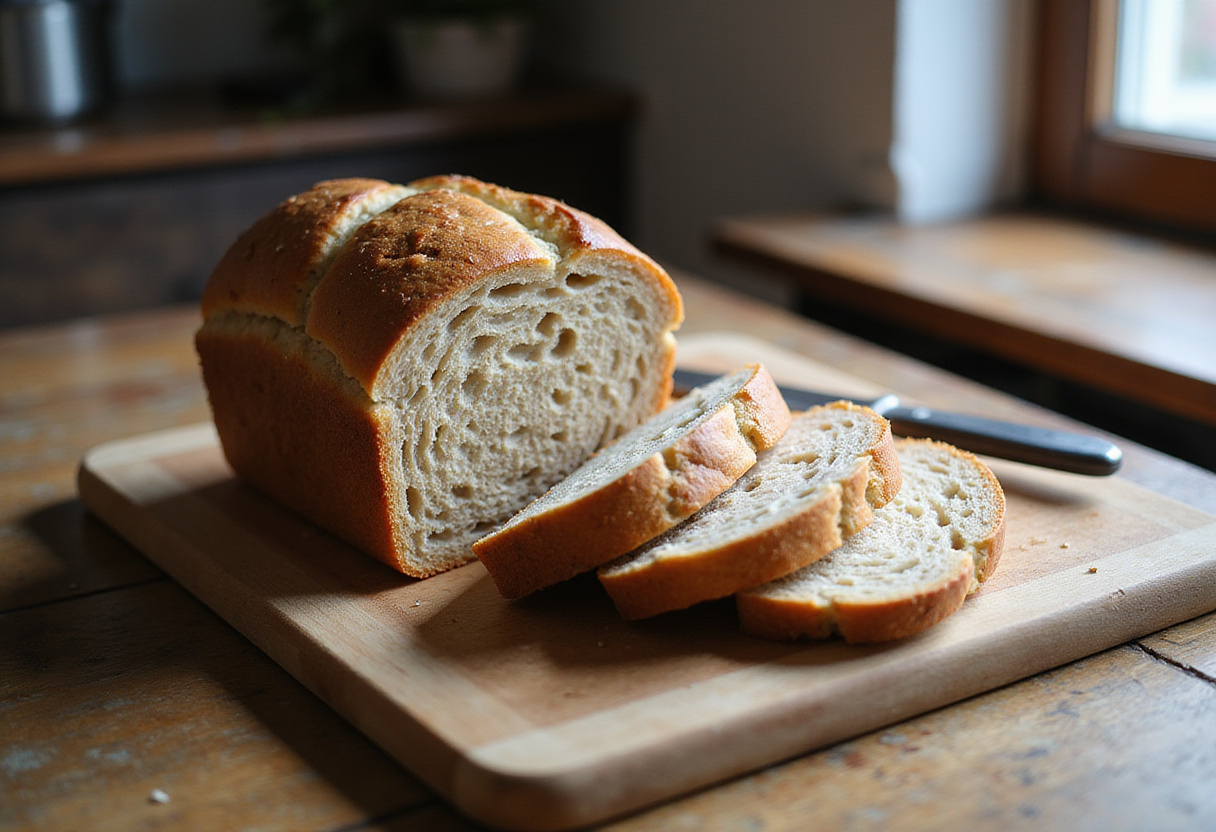 Perfectly baked Spelt Bread loaf, sliced to show texture, El Secreto de un Pan De Espelta, rustic kitchen setting.
