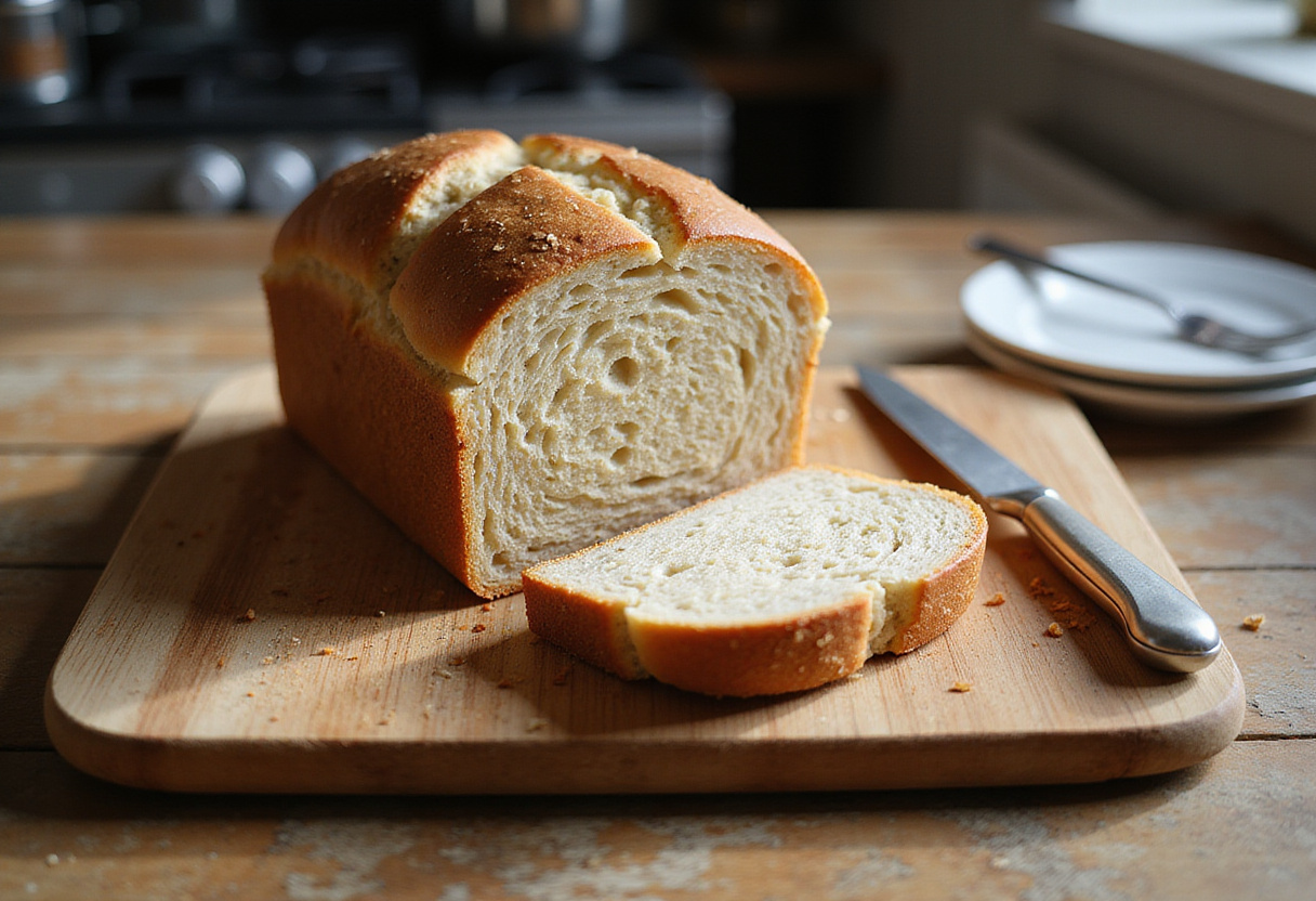 Perfectly baked Spelt Bread loaf, sliced to show texture, El Secreto de un Pan De Espelta, rustic kitchen setting.