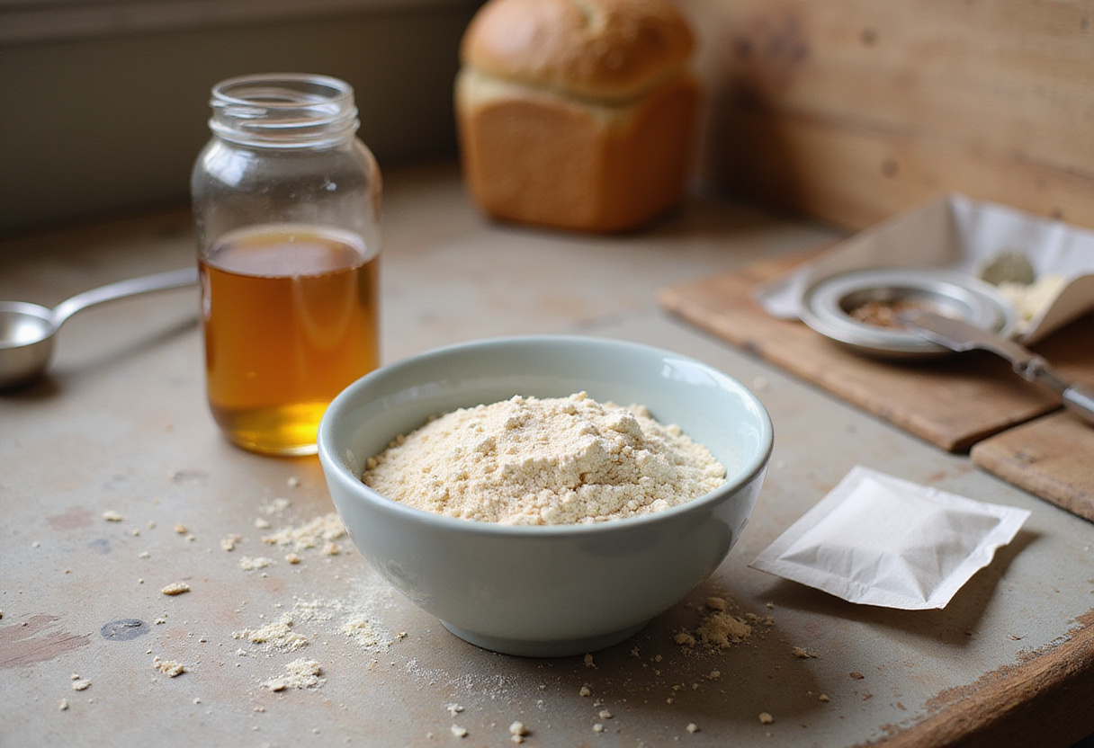 Ingredients for making perfect Spelt Bread: flour, honey, and yeast.