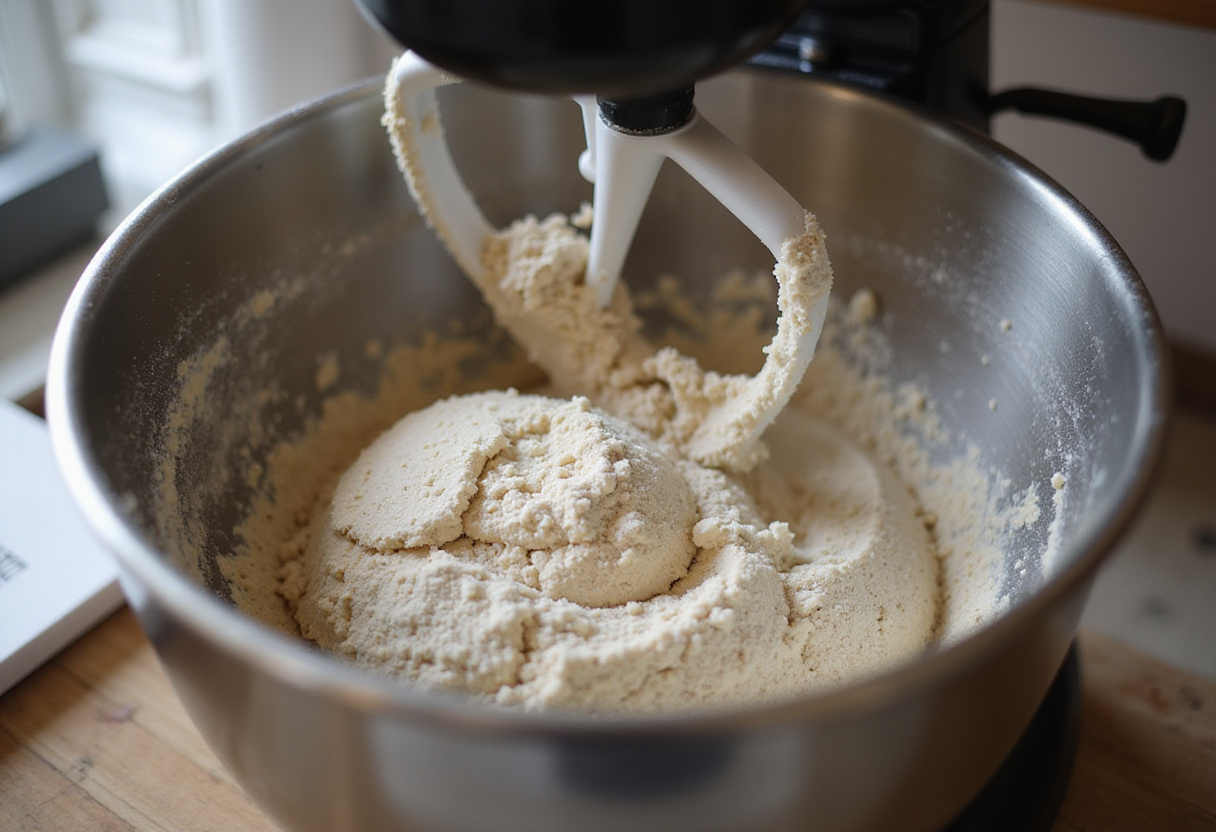 Mixing spelt flour and water in a mixing bowl to prepare Spelt Bread dough.