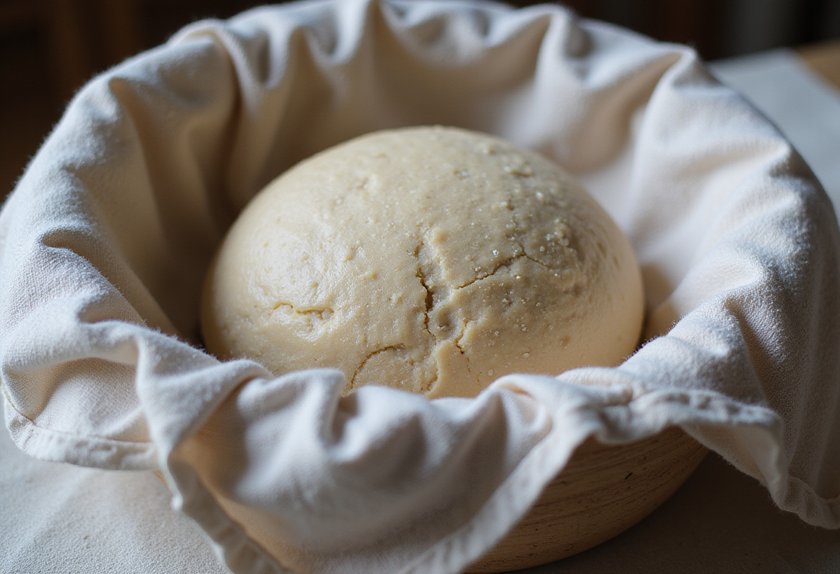 Spelt dough rising in a bowl covered by a towel, a step in making Spelt Bread.