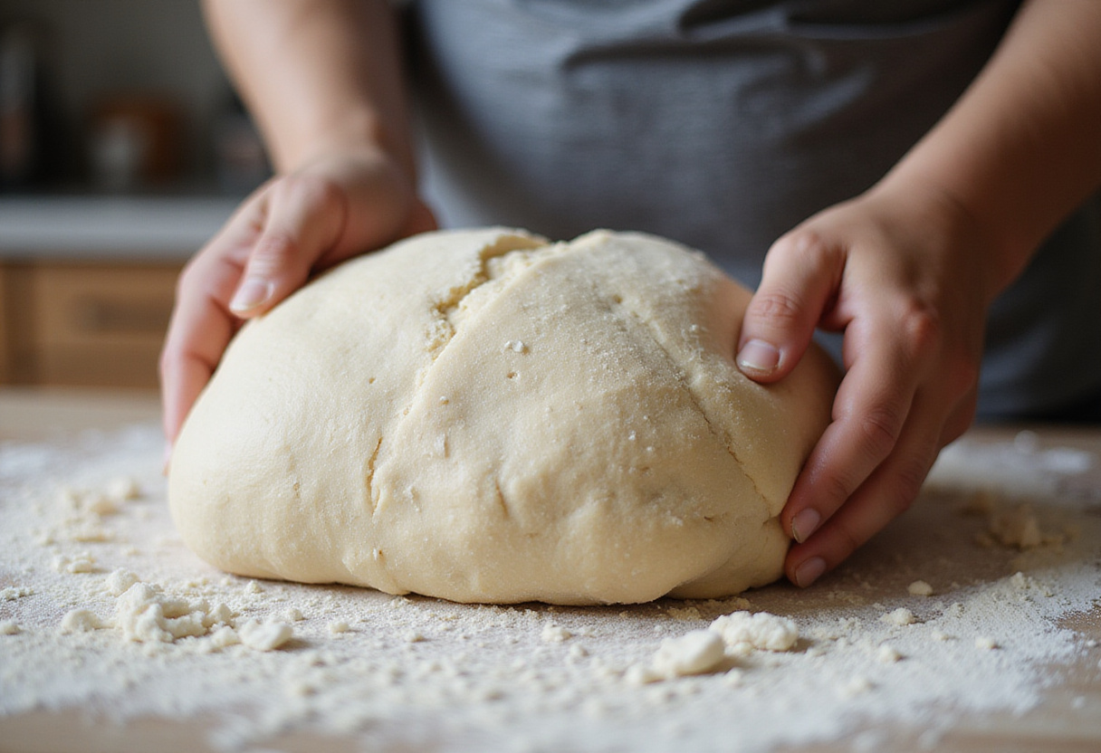 Kneading Spelt dough on a floured surface before baking the Spelt Bread.